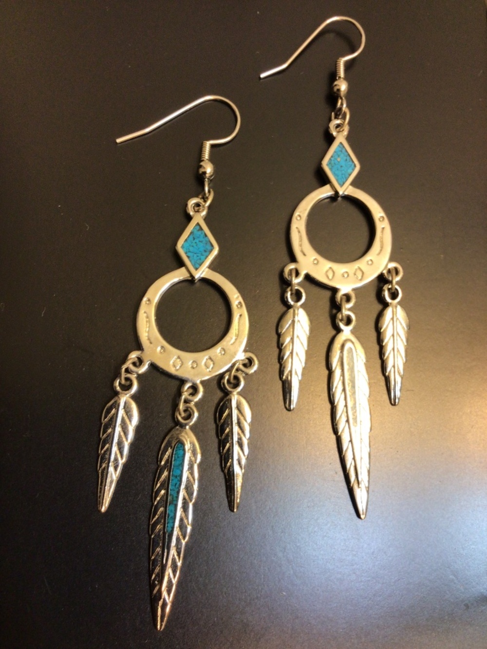 Native American Dream Catcher Silver Tone Earrings Feathers Blue Stone Signed